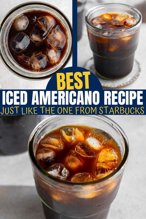 A three way split picture of an iced americano in a glass. Starbucks Iced Americano, Iced Americano Recipe, Americano Recipe, Iced Americano, Quick And Easy Breakfast, Starbucks Iced, Easy Delicious, Breakfast Recipes Easy, Vegan Paleo