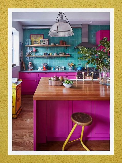 The Best Airless Paint Sprayers in 2022 | domino Colorful Galley Kitchen, Pink Home Bar, Colorful Mexican Kitchen, Colorful Cabinets, Groovy Kitchen, Hot Pink Kitchen, Pink Kitchen Cabinets, Paint Combos, Lavender Kitchen