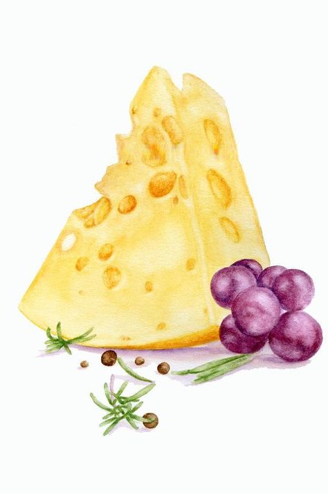 Painting Grapes, Cheese Drawing, Grapes And Cheese, Cheese Art, Watercolor Food Illustration, Wall Art For Kitchen, Watercolour Wall Art, Watercolour Wall, Art For Kitchen