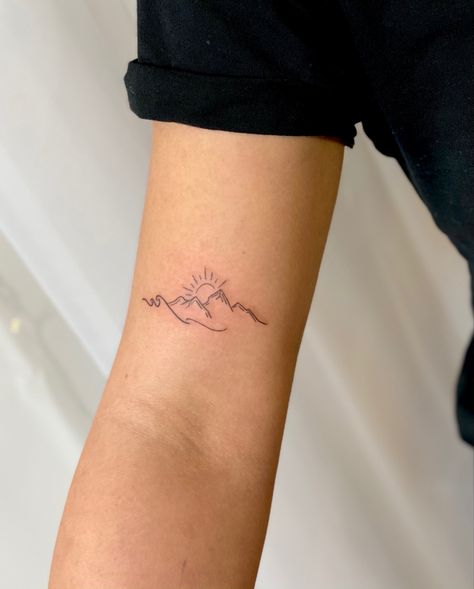 Cute Mountain Tattoos For Women, Mountain And Sunrise Tattoo, 3 Peaks Tattoo, Sunrise Mountain Tattoo Minimalist, Half Sun And Mountain Tattoo, Sun Rising Over Mountains Tattoo, Sunshine Mountain Tattoo, Mountain To Wave Tattoo, Small Fine Line Mountain Tattoo