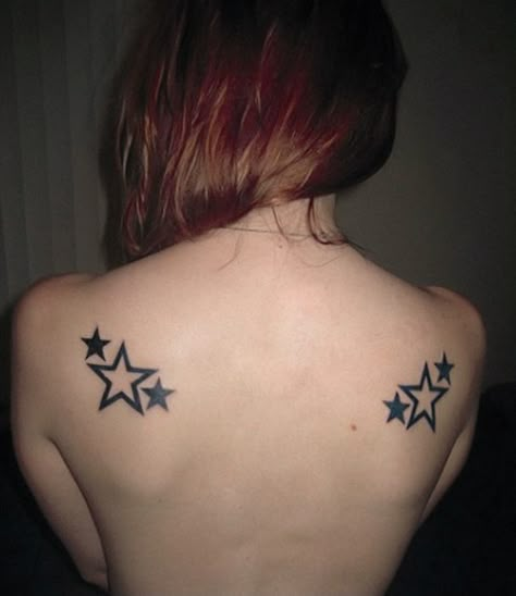 Six stars tattoo shoulder blades, back Girl Shoulder Tattoos, Best Neck Tattoos, Blade Tattoo, Shoulder Blade Tattoo, Girl Back Tattoos, Star Tattoo Designs, Neck Tattoo For Guys, Star Tattoo