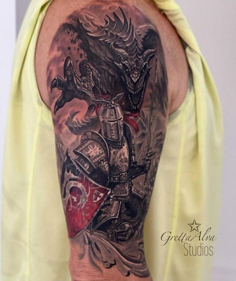 Dragon And Knight Tattoo, Dragon Knight Tattoo, Dragon Rider Tattoo, Knight And Dragon Tattoo, Dragon Tattoo Shoulder, Tattoos Dragon, Around Arm Tattoo, Dragon Tattoos For Men, Medieval Tattoo