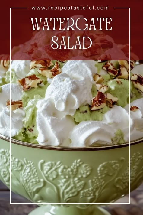 Watergate salad is an easy, delicious dump-and-go dessert made with Cool Whip, marshmallows, pineapple, pecans, and pistachio pudding. Perfect for picnics, potlucks, and family gatherings, it combines a delightful mix of textures and flavors. Pistachio Pudding Dessert Salad, Watergate Salad Recipe, Marshmallow Salad, Pistachio Dessert Pudding, Cool Whip Desserts, Watergate Salad, Pistachio Dessert, Pistachio Salad, Pecan Desserts