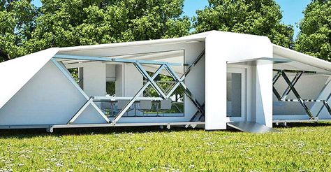 Ten Fold Engineering is offering self-deploying structures that unfold or fold up with just a hand-held battery-powered drill in under 10 minutes. Folding House, Eco Hotel, Solar House, Portable House, Mobil Home, Eco House, Engineering Design, Green Building, Green Design