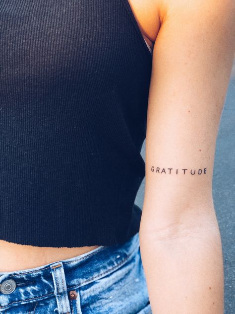 #tattoo #gratitude #tattoodesign #letteringtattoo Spiritual Word Tattoos, Gratitude Tattoo Ideas For Women, Gratitude Tattoo Men, Small Gratitude Tattoo, Love And Gratitude Tattoo, Tatoos About Gratitude, Gratitude Word Tattoo, Gratitude Minimalist Tattoo, Gratitude Tattoo Ideas