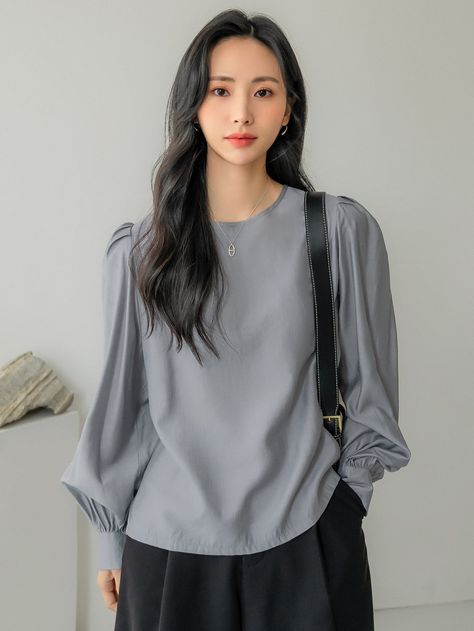 Dazy-Less Solid Lantern Sleeve Blouse Grey Blouse Outfit, Basic Blouse, Basic Blouses, Lantern Sleeved Blouses, Grey Blouse, Plain Tops, Office Attire, Women Blouses, Loose Blouse