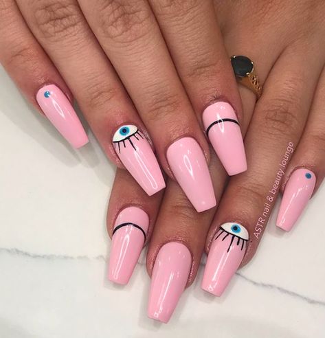 Third Eye Nail Design, 3rd Eye Nails, Coffin Nails Designs Summer, Almond Nails Pink, Pink Evil Eye, Evil Eye Nails, Eye Nail Art, Makeup Hacks Beauty Secrets, Evil Eye Design