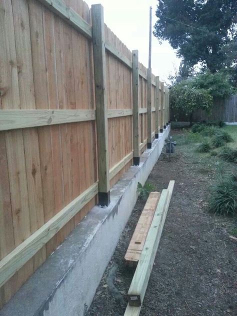 Concrete Wall With Fence On Top, Diagonal Fence Ideas, Retaining Wall Fence Ideas, Retaining Wall Fence On Top, Fence On Top Of Retaining Wall, Fence On Top Of Wall, Fence On Concrete, Retaining Wall Fence, Build A Fence