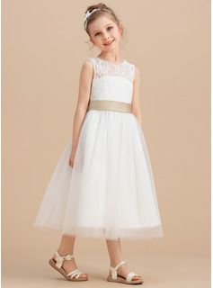 A-Line Asymmetrical Flower Girl Dress - Satin/Tulle Sleeveless Scoop Neck With Beading/Flower(s)/Bow(s) (010146248) - JJ's House Tea Length Flower Girl Dress, Hole Dress, Sleeveless Flower Girl Dresses, Tea Length Tulle, Lace Sash, Princess Flower Girl Dresses, Ball Gowns Princess, Tulle Flower Girl, Tulle Flowers