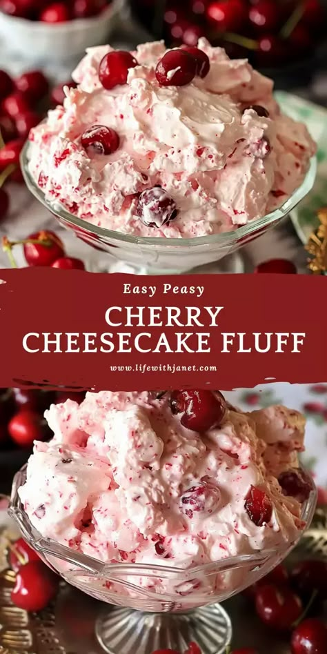 Cherry Cheesecake Fluff Cherry Cheesecake Fluff Dessert, Cherry No Bake Cheesecake, Recipes Using Cherries, Cheesecake Fluff Dessert, Summer Dessert Recipes Easy, Noodle Dessert, Cherry Cheesecake Fluff, Cherry Delight Dessert, Cheesecake Fluff