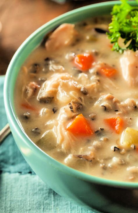 Crock-Pot Chicken Wild Rice Soup Recipe - This super tasty soup features tender chunks of chicken (you can also use turkey), wild rice, mushrooms, garlic and tarragon all in a creamy soup base that is perfect for lunch or dinner any day of the week! Low Sodium Chicken Wild Rice Soup, Low Sodium Soup Crockpot, Low Fat Soups In A Crock Pot, Heart Healthy Soup Recipes Low Sodium, Low Salt Soups, Low Fat Crockpot Meals, Low Sodium Crock Pot Meals, Low Sodium Soup Recipe, Low Sodium Crockpot Recipes