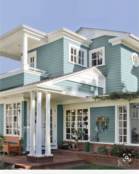 Turquoise Blue House Exterior, Aquaverde Sherwin Williams Exterior, Sky Blue Exterior House Colors, Blue Paint House Exterior, Beach Home Exterior Colors, House Outer Paint Color, Beach House Colors Exterior, Blue Beach House Exterior, Light Blue Exterior House Colors