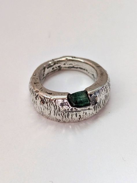 chunky silver ring with raw emerald, ring size AU M Chunky Silver Rings Men, Raw Emerald Ring, Gemstone Rings Vintage, Chunky Silver Rings, Raw Stone Jewelry, Raw Emerald, Raw Gemstone Ring, Ring Making, Jewelry Design Inspiration