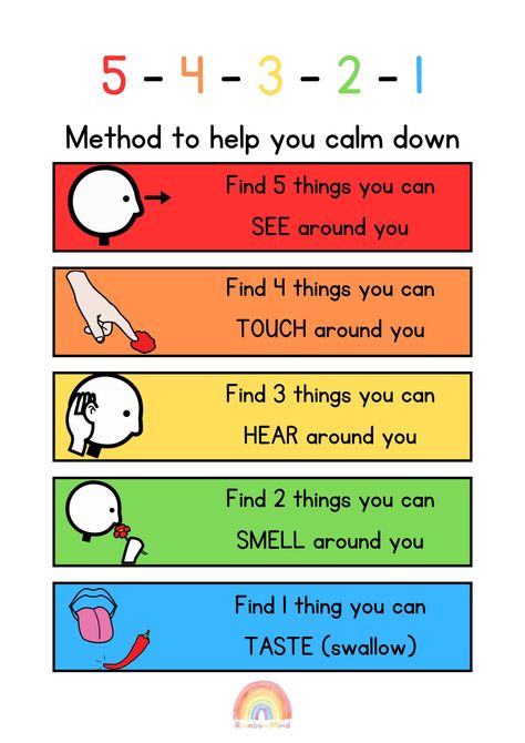 Feeling overwhelmed? Try the 5-4-3-2-1 method! 😌 Ground yourself by identifying 5 things you see 👀, 4 things you touch ✋, 3 things you hear 👂, 2 things you smell 👃, and 1 thing you taste 🤤. Calm your mind in just moments! 😌 Add this poster in your classroom, so your children can teach themselves how to calm down.️ Deescalating Strategies, Calm Down Chart, Calm Down Poster, Calming Techniques For Kids, Calm Down Techniques, Calming Strategies For Kids, How To Calm Down, Calm Down Kit, Social Emotional Activities