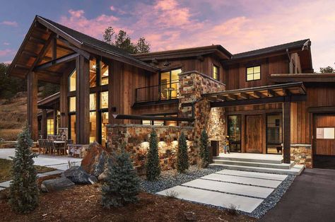 Rustic ranch house with a bike barn in Colorado: HandleBar Ranch Rustic Home Exterior, Rustic Houses, Ranch Houses, Mountain Modern Home, Mountain Home Exterior, Ranch House Designs, House Ranch, Rustic Exterior, House Design Exterior