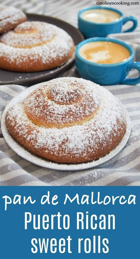 Pan de Mallorca are an egg-rich but light-textured, gently sweet bread roll from Puerto Rico. They're easy to recognize, coiled up and dusted with sugar, and make a delicious breakfast or snack. #sweetroll #puertoricanfood #bread #homemadebread Sweet Bread Rolls, New Year's Desserts, Puerto Rico Food, Boricua Recipes, Bread Roll, Sweet Rolls, Bake Dessert, Bake Desserts, Cuban Recipes