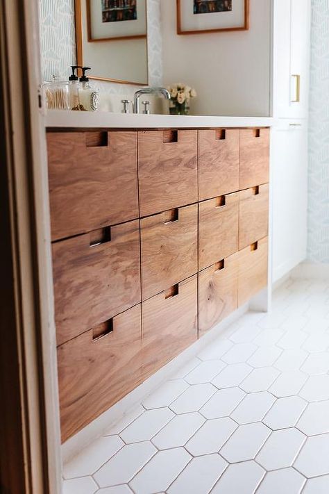 Stained vintage oak 12 drawer washstand topped with white quartz countertop in a transitional bathroom completed with white picket floor tiles. Picket Tile Floor Bathroom, Picket Floor Tile, Picket Tile Bathroom Floor, Mudd Room, Trendy Backsplash, Picket Tile, Teak Vanity, White Bathroom Tiles, House Updates