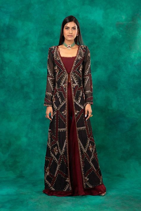 Shrug Design, Maroon Gown, Cape Dresses, Ridhima Bhasin, Desi Attire, Gown With Jacket, Brocade Jacket, Sharara Pants, Mehndi Dress