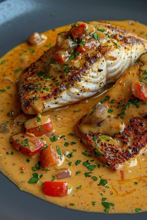 "A plate of salmon fillets topped with creamy Creole sauce, garnished with fresh herbs, perfect for seafood lovers and gourmet dinner at home." Creole Sauce Recipe, Creole Sauce, Fish Dinner Recipes, Fish Recipes Healthy, Red Snapper, Fish Dinner, Diced Tomatoes, Health Dinner Recipes, Seafood Dinner