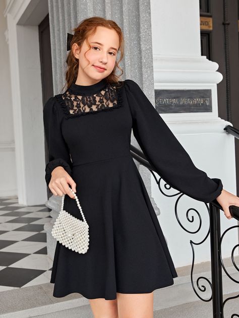 Dresses For 10-12, Simple Dresses For Teens, Black Dress For Kids, Preteen Clothing, Girls Winter Dresses, Girls Clothes Patterns, Black Knee Length Dress, Kids Blouse Designs