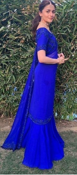 https://www.fashionkafatka.com/alia-bhatt-style-royal-blue-colour-heavy-work-sharara-style-saree.html Alia Bhatt In Blue Saree, Royal Blue Sangeet Outfit, Royal Blue Gown Indian, Alia Bhatt Blue Lehenga, Royal Blue Reception Dress, Royal Blue Indian Dress, Royal Blue Saree Contrast Blouse, Royal Blue Suits Women Indian, Royal Blue Kurti Design