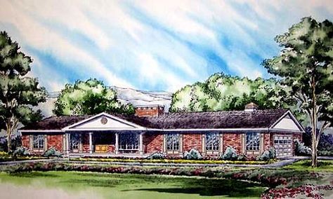 HousePlans.com 312-562 Midcentury House Plans, Brick Ranch House Plans, Ranch House Floor Plans, Traditional Brick Home, Brick Ranch Houses, Exterior House Renovation, One Level Homes, Midcentury House, House Plans One Story