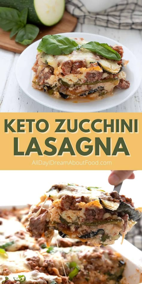 This zucchini lasagna is the ultimate keto comfort food recipe. Thinly sliced grilled zucchini layered with creamy ricotta and a hearty meat sauce, and the whole family loves it. Get my tricks for making zucchini lasagna that isn't watery! Keto Casserole, Keto Lasagna, Zucchini Lasagna, Keto Recipes Dinner, Low Carb Dinner Recipes, Keto Dinner, Keto Meal Plan, Low Carb Keto Recipes, Keto Recipes Easy