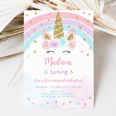 Kids Unicorn Party, Rainbow Birthday Invitations, 15 Birthday, Pastel Birthday, Magical Birthday, Glitter Unicorn, Birthday Unicorn, Unicorn Birthday Invitations, Baby Birthday Party