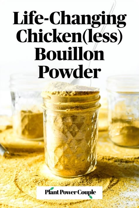 Make your own vegan chicken-style bouillon powder with 7 simple ingredients, 1 food processor, and less than 10 minutes. Use it to make THE most flavorful chicken-free broth for soups, stews, seitan + tofu marinades, etc. This is the No. 1 reader-rated recipe on our site and a staple in our kitchen! #vegan #veganchicken #veganrecipe #easyveganrecipe #nutritionalyeast #turmeric #plantbased #vegansoup #plantbased #homemade #marinades #veganpantrystaples #pantrystaples How To Make Chicken Boulion, Chicken Boullion Powder Recipes, How To Make Chicken Bouillon Powder, Homemade Bouillon Powder, Homemade Chicken Bullion Powder, Diy Chicken Bouillon Powder, Homemade Chicken Bouillon Powder, Homemade Boullion Powder, Chicken Bullion Recipe