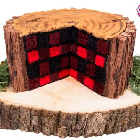 This Lumberjack Cake may be my favorite cake of all time! The plaid cake pattern, the realistic wood texture, the gravity defying axe, what's not to love? Get the full step-by-step tutorial with all my secret tips and tricks for free! #lumberjackcake #cake #ideas #beginner #cakedecoratingvideos Plaid Cake, Lumberjack Cake, Checkerboard Cake, Lumberjack Birthday Party, Lumberjack Baby Shower, Lumberjack Baby, Lumberjack Birthday, Camping Birthday, Cake Decorating Designs