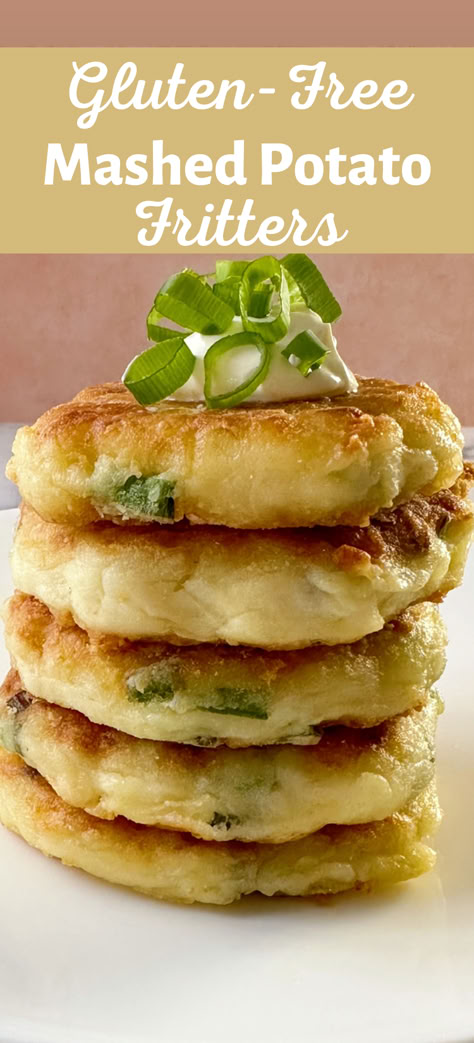 Leftover mashed potatoes never tasted so good! This quick + easy gluten-free recipe transforms leftover mashed potatoes into fritters that are crispy on the outside, fabulously creamy (and a little cheesy) on the inside! You may even want to make some extra mashed potatoes once you try them! Gluten Free Potato Recipes, Gluten Free Fritters, Mashed Potato Fritters, Gluten Free Mashed Potatoes, Gf Sides, Mashed Potato Bites, Potato Fritters, Potato Patties, Gluten Free Sides