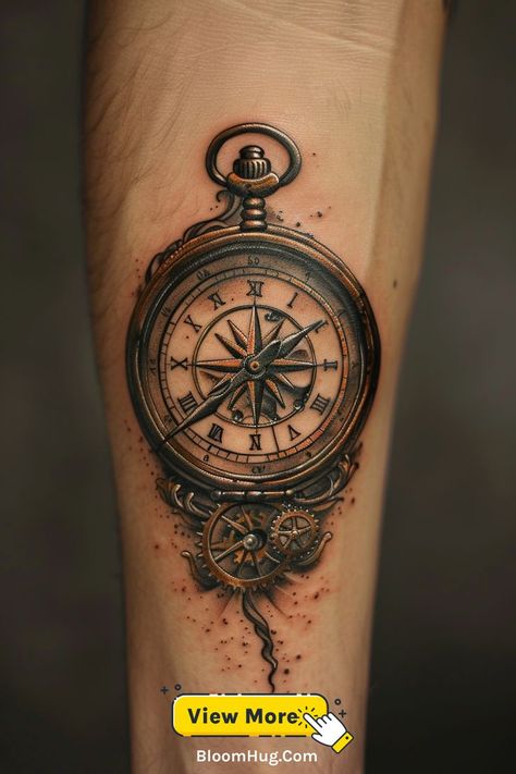 A small, minimalist compass tattoo placed on the forearm. The clean design is ideal for men who want a subtle yet meaningful tattoo that symbolizes guidance and direction in life. Pocket Watch Compass Tattoo, Time Tattoos For Men, Mens Compass Tattoo, Compass Tattoo For Men, Clock Tattoo Design For Men, Compass Forearm Tattoo, Vintage Compass Tattoo, Tattoo For Men Ideas, Forearm Tattoo Ideas For Men