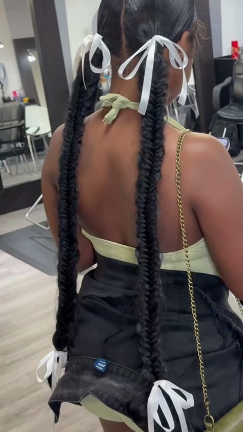 3 Part Braided Ponytail Hairstyles, 2 Long Braided Ponytails, Two Braids Protective Style, Slick Back Braided Ponytail Weave Fishtail, Braided Ponytail With Scarf, Fish Tail Pig Tails, Black Hair Two Braids, Two Fishtail Braids Black Women, Two Braids Ponytail Black Women