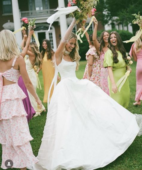 Southern Belle Wedding, Yellow Bridesmaids, Bridesmaids Photos, Fairy Wedding, Pink Green Yellow, Green Bridesmaid, Future Wedding Plans, Garden Party Wedding, Wedding Goals