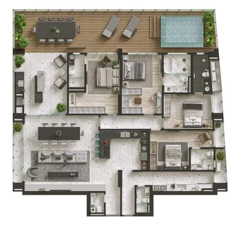 Penthouse Apartment Floor Plan, Small Modern House Plans, Luxury Floor Plans, Modern House Floor Plans, House Floor Design, Apartment Floor Plans, Casas The Sims 4, Sims House Plans, House Construction Plan