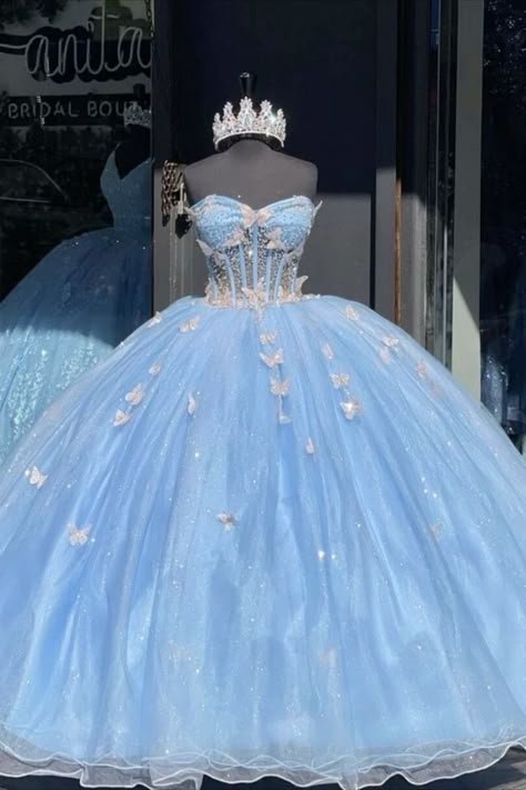 Butterfly Quince Dress, Butterfly Quinceanera Dress, Sky Blue Quinceanera Dresses, Blue Quince Dress, Butterfly Sweet 16, Light Blue Quinceanera Dresses, Baby Blue Quinceanera, Light Blue Quince, Cinderella Quinceanera Themes