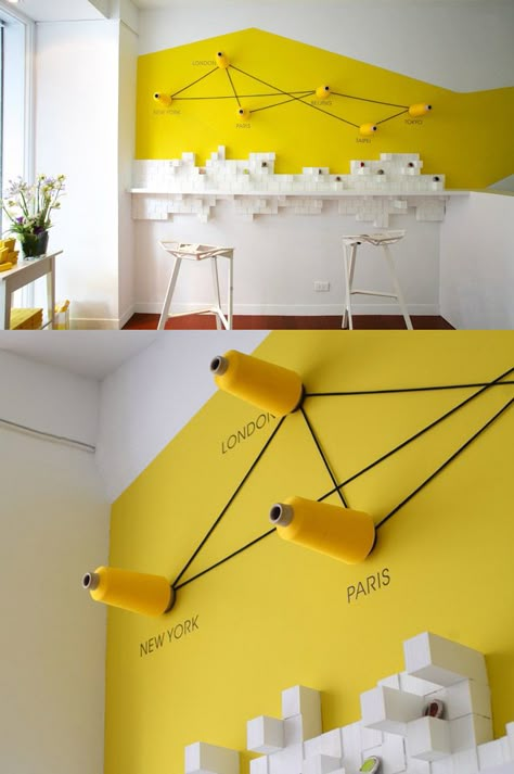 Yellow Painted Rooms, Grey And Yellow Living Room, Space Exhibition, Yellow Home Accessories, Yellow Wall Decor, Office Wall Design, Feature Wall Design, Yellow Room, Yellow Living Room