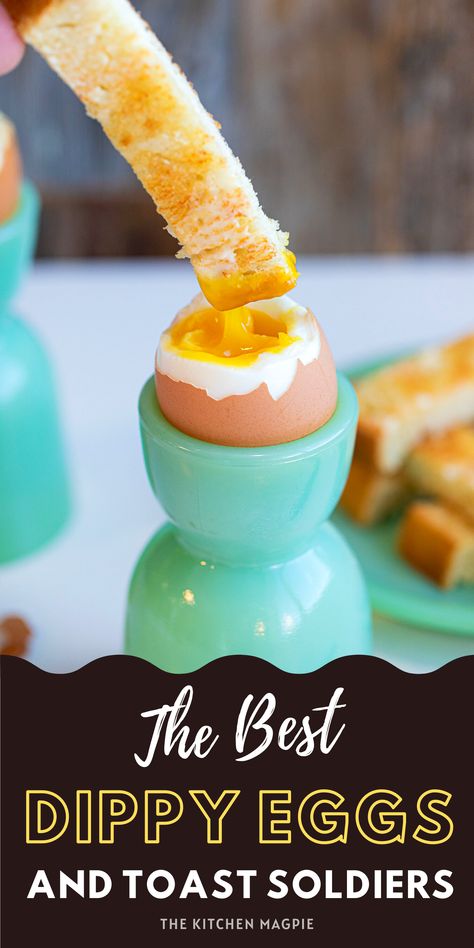 Dippy Eggs with Toast Soldiers Eggs With Soldiers, Eggs And Soldiers Breakfast, Ways To Eat Boiled Eggs, Runny Boiled Egg, Egg Soldiers, Toast Soldiers, Dippy Eggs And Soldiers, Dippy Egg, British Breakfast