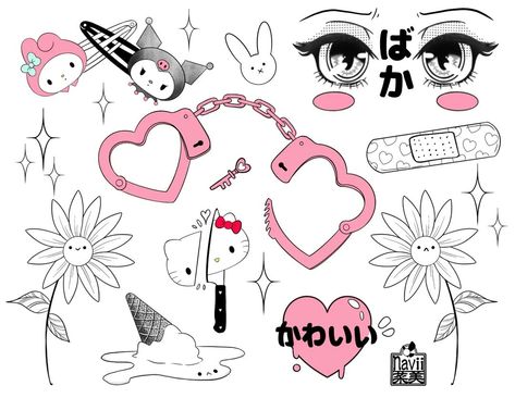 Sanrio Tattoo Flash Sheet, Hello Kitty Tattoo Flash Sheet, Heart Tattoo Flash Sheet, Y2k Tattoo Flash Sheet, Kawaii Tattoo Flash Sheet, Kawaii Flash Sheet, Valentine’s Day Flash Sheet, Valentines Flash Tattoo Sheet, Kawaii Tattoo Flash