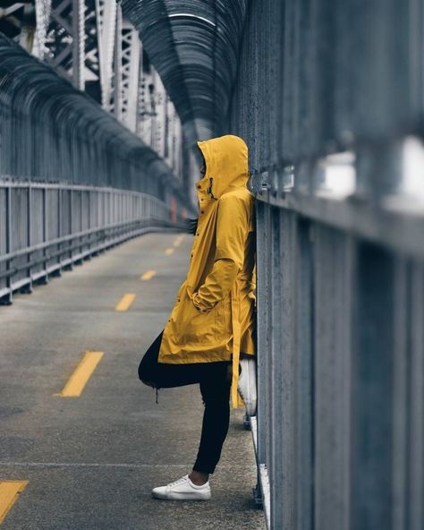 Yellow Raincoat Aesthetic, Rain Coat Aesthetic, Rain Photoshoot, Rain Fashion, Yellow Things, Creative Shoot, Black Bucket Hat, Yellow Coat, Yellow Raincoat