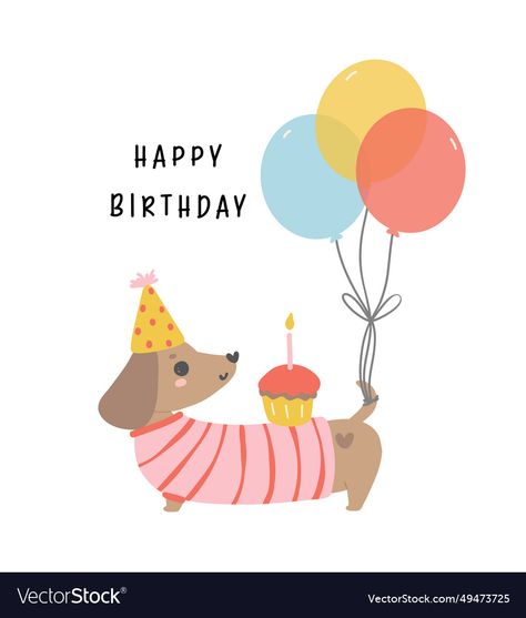 Dog Birthday Illustration, Cartoon Hand Drawing, Arte Dachshund, Dachshund Illustration, Small Frames, Birthday Card Drawing, Birthday Illustration, Dog Birthday Card, Hat Vector