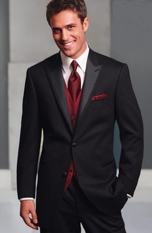 Black tux with burgundy tie by Freeman Black Tux With Burgundy, Black And Burgundy Suit, Groomsmen Attire Black, All Black Tux, Wedding Tux, Burgundy Tie, Groom And Groomsmen Attire, Groom Tuxedo, Black Tux