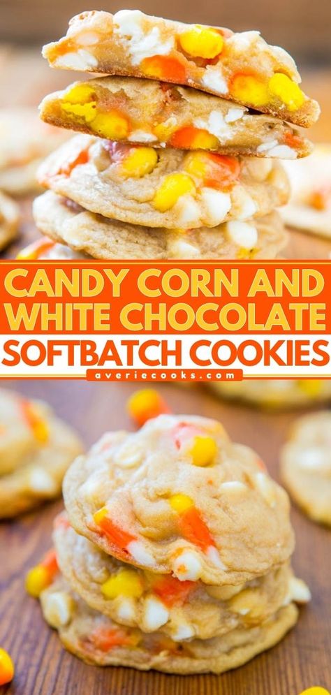 White Chocolate Candy Corn Cookies — These Halloween cookies are PACKED with candy corn and white chocolate chips. They're easy to make and are always a hit with the kids! Candy Corn Baking Ideas, Halloween Flavored Cookies, Holiday Baking Halloween, Halloween Desserts For Kids To Make, Candy Corn White Chocolate Cookies, Pumpkin Candy Corn Desserts, Cookies With Candy Corn, Candy Corn Bars Halloween Treats, Best Halloween Dessert Recipes