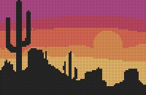 Sunset Tapestry Crochet, Desert Alpha Pattern, Texas Pixel Art, Desert Pixel Art, Wild Park, Pixel Quilting, Nature Road, View Scenery, Sun Landscape