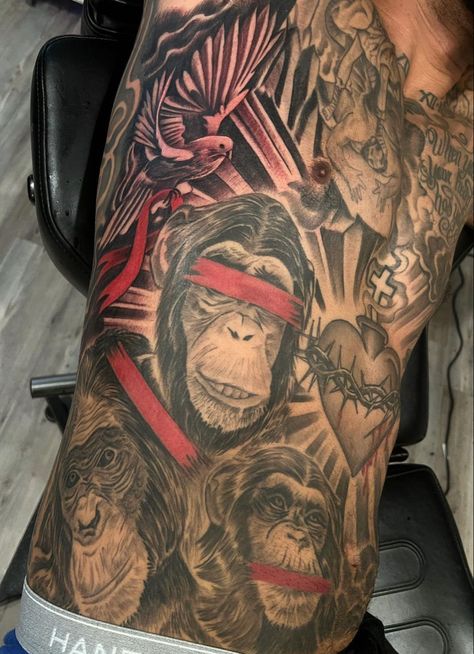 Ape Shall Not Kill Ape Tattoo, Black Male Tattoo Ideas, Stomach Tattoos For Guys Words, Monkey Tattoo Men, Hard Tattoos Men, Tattoo Men Arm, Stomach Tattoo Ideas, Stomach Tattoos For Guys, Tattooed Brides