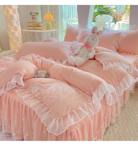 Pink Lace Ruffle Bedding Set Luxury Bed Skirt Sheet Bedspread Korean Duvet Cover Girls Princess Bedspread Pillowcases - AliExpress Girls Bedspreads, Princess Bedding, Princess Bedding Set, Ruffle Bedding, Luxury Bed, Bed Skirt, Lace Ruffle, Luxury Bedding, Pink Lace