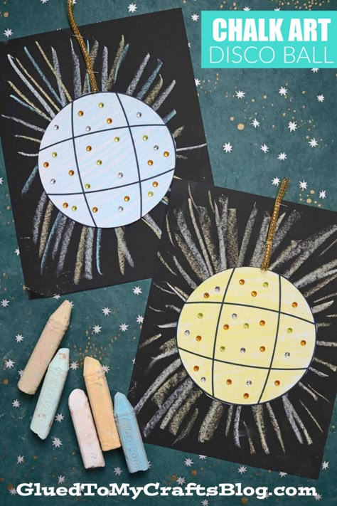 Chalk Art Disco Ball - New Year's Eve Kids Craft Idea - Glued To My Crafts Disco Ball Craft Preschool, Decades Themed Crafts, Decades Crafts For Kids, Decades Activities For Kids, Rockstar Crafts For Kids, Retro Crafts For Kids, 70s Crafts For Kids, Disco Activities For Kids, Talent Show Crafts