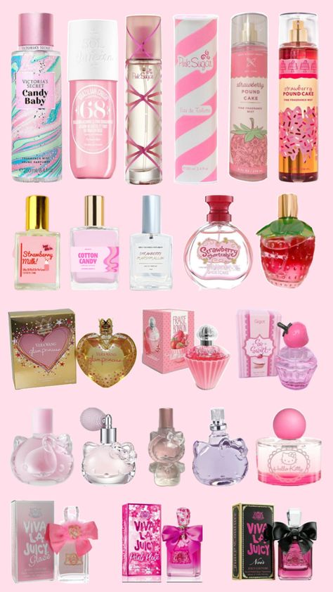 hello kitty, b&bw, and juicy couture perfumes Pink Candy Perfume, Strawberry Milk Perfume, How To Smell Like Cotton Candy, Cotton Candy Perfume, Pink Perfumes, Scent Layering, Cotton Candy Scent, Candy Strawberry, Candy Perfume