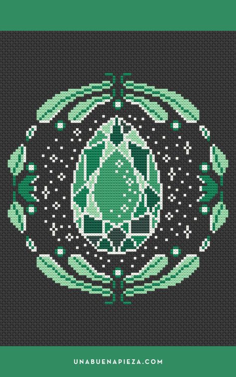 Cross stitch pattern of a green gemstone. This emerald is surrounded by magic and nature, and will make a perfect project to decorate any corner of your home. Designed by Una Buena Pieza. Cross Stitch Gemstone, Crystal Cross Stitch, Crystal Pixel Art, Witchy Cross Stitch Patterns, Pagan Cross Stitch, Geeky Cross Stitch Patterns, Emerald Cross, Embroidery Green, Geeky Cross Stitch