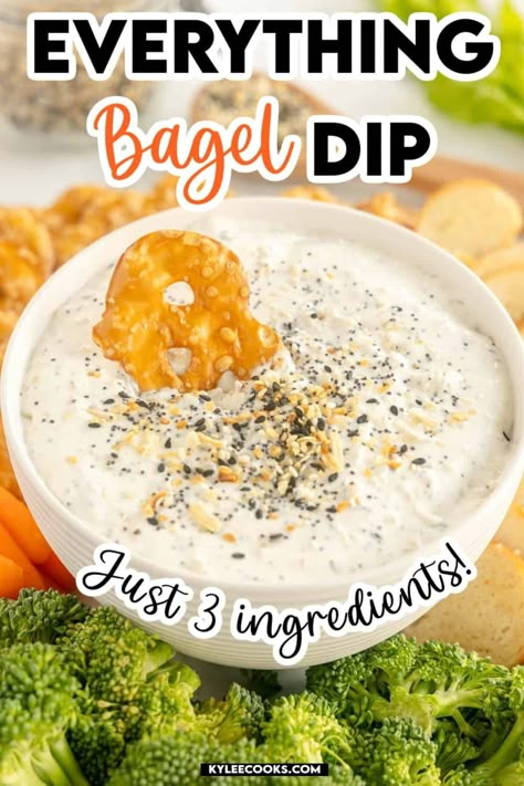 Everything Bagel Dip. Only 3 ingredients needed for this easy dip that's a flavor bomb! Cream cheese, sour cream and everything bagel seasoning blend perfectly for a creamy dip to enjoy with chips, pretzels, veggies and more. Make this for your next party! Everything Bagel Seasoning Recipes Dip, Bagel Chips And Dip, Easy Pretzel Dip Recipes, Easy Dips Sour Cream, Cream Cheese Sour Cream Dip, Sourcream Dips Easy, Dips To Serve With Pretzels, Bagel Chip Dip, Easy Pretzel Dip